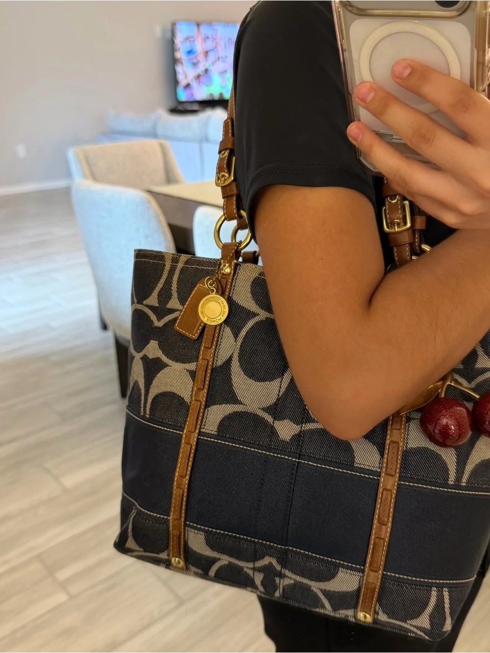 Coach Blue Signature Denim Tote with Brown Leather Trim